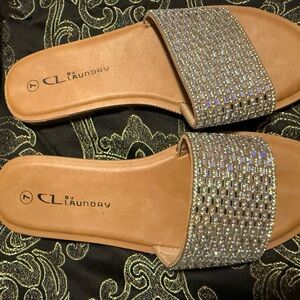 CL by Laundry Tan Slide Sandals with Rhinestone-Embellished Strap